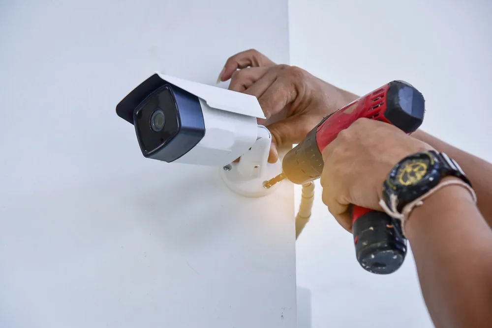 Illustrative photo of a technician installing a CCTV camera